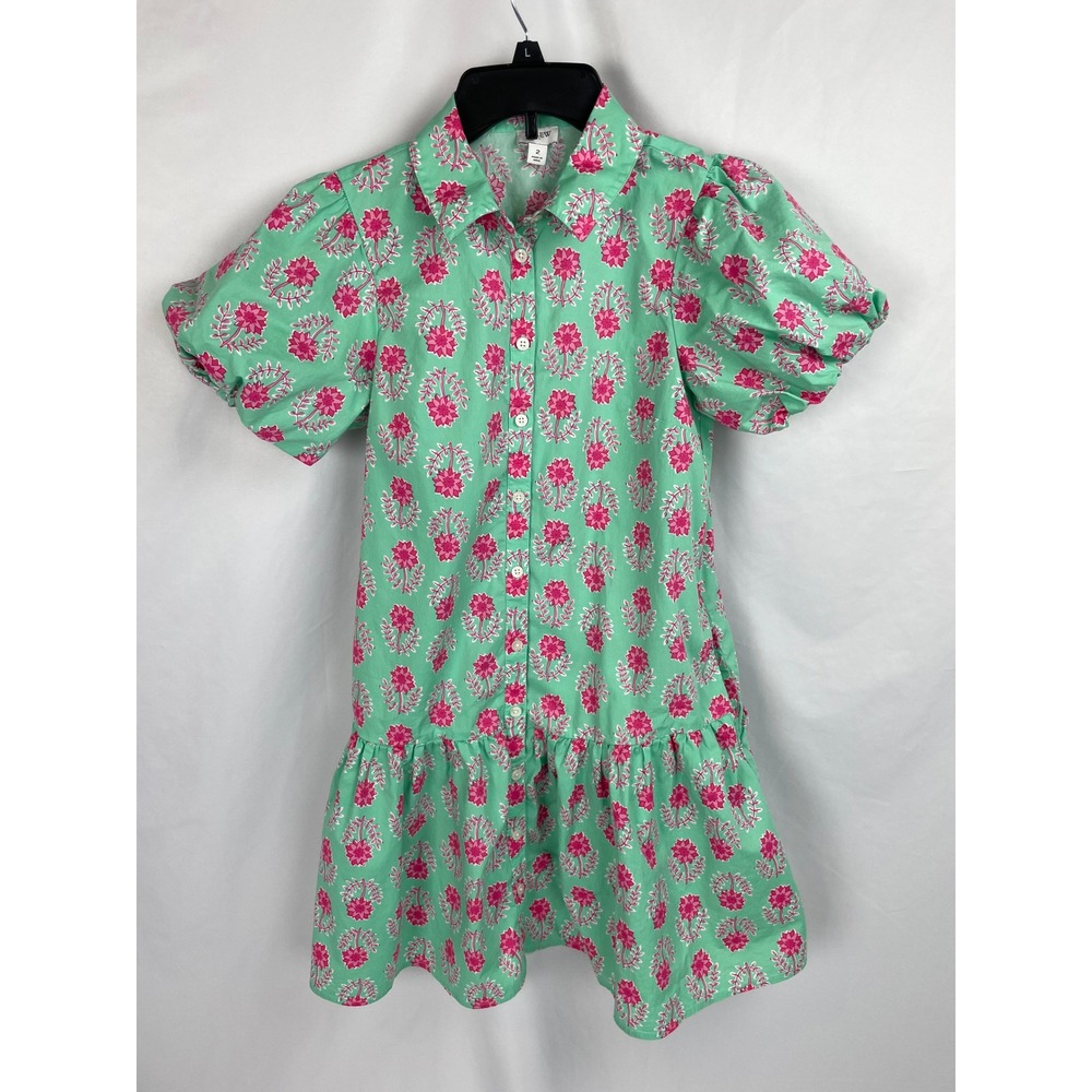 J. Crew Mini Dress Size 2 Green Floral Tulip Bubble Puff Sleeve Cottogecore